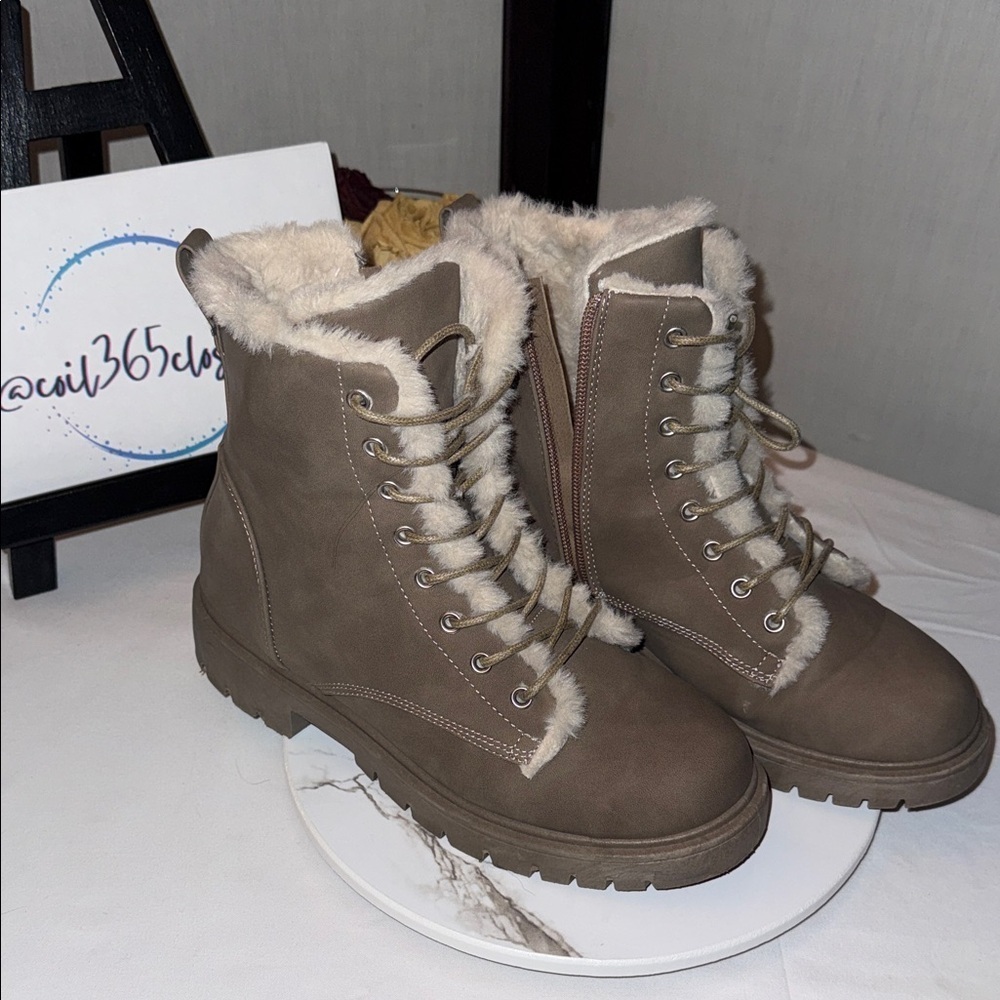 Charlotte Russe Taupe Lace-Up Faux Fur Combat Boots